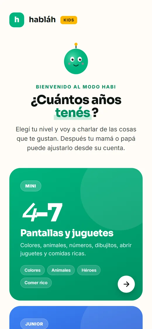 Habláh Kids: elegir la edad, de 4 a 7, de 7 a 10 o de 10 a 14