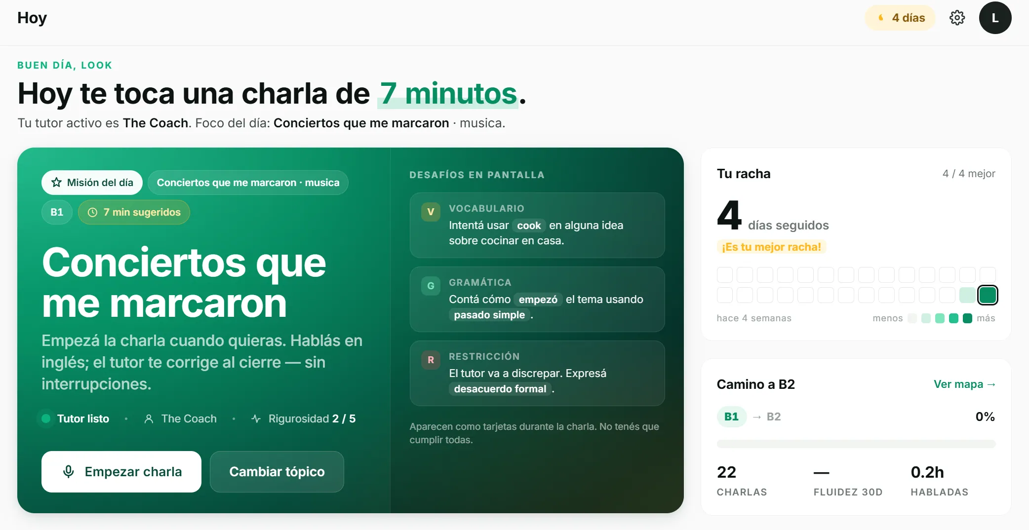 Pantalla Hoy de Habláh: misión del día con tópico, tutor y rachas